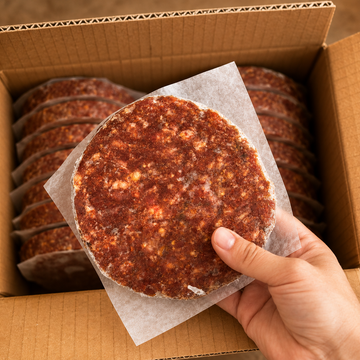 Patty de carne cruda congelada para perro, en porción individual envuelta en papel, sostenida sobre una caja de carton con más patties apilados